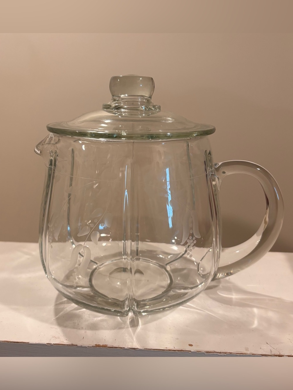 Vintage Clear Glass Etched Teapot with Lid
